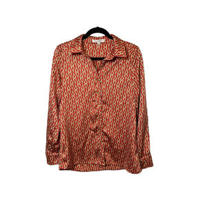 TravelSmith Button Down Red Gold Chain Print Blouse Size M